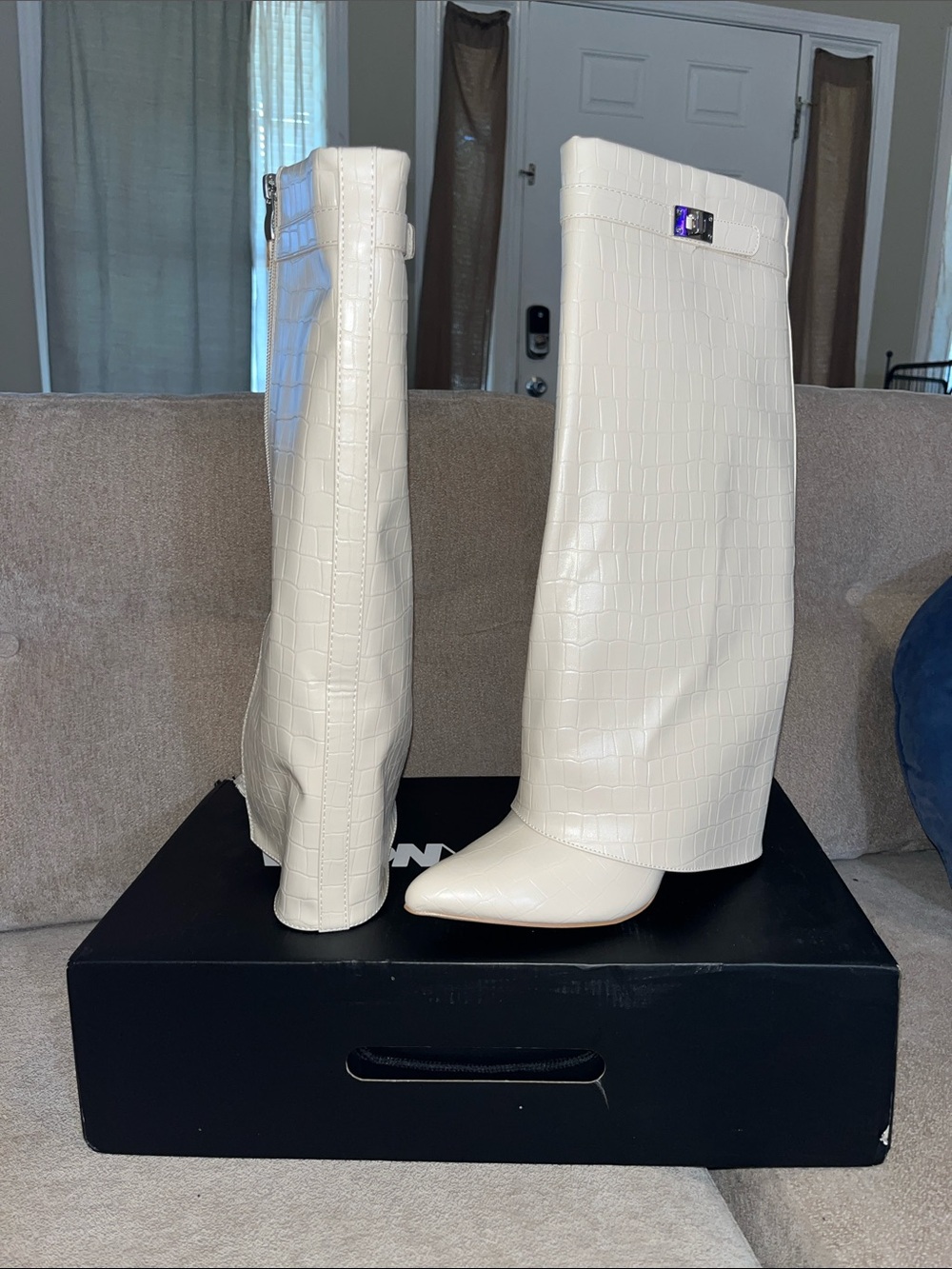 Fashion Nova Cream Croc-Embossed Over-the-Knee Boots